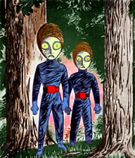 Interpretazione artistica degli alieni di Johannis secondo il pittore Massimo Jacopini. Illustrazione apparsa su Alata Internazionale, Quaderni, N°1, febbraio 1979